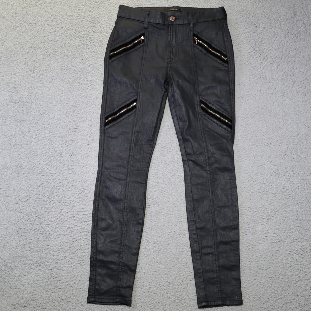 7 For All Mankind Womens 28 Coated Moto Skinny Pants Black Gold Zipper Velvet